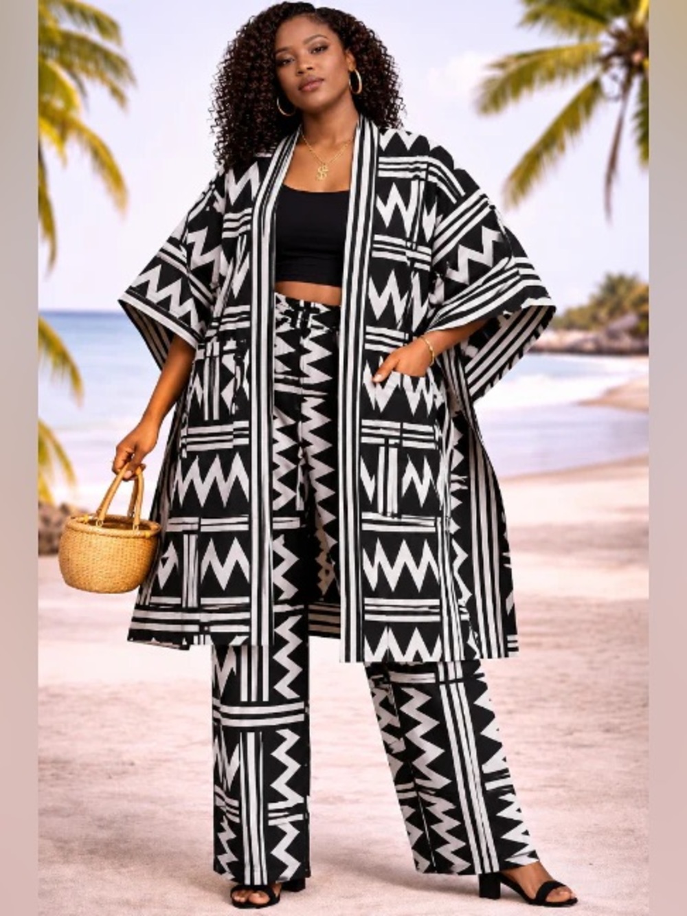 Advance Apparels Black & White Geometric Wide-Leg Jumpsuit Set